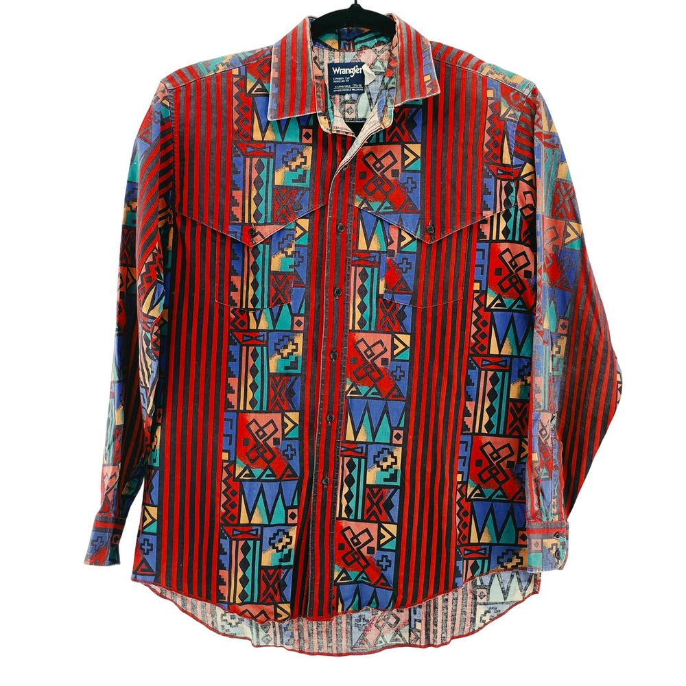 Wrangler Western Shirt Mens 17.5x36 Multicolor Aztec Geometric Cowboy Cut USA